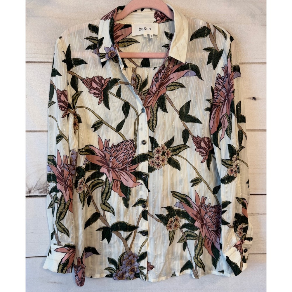 Ba&sh Lady Shirt Cream Floral Metallic Pinstripe Button Down Blouse XS